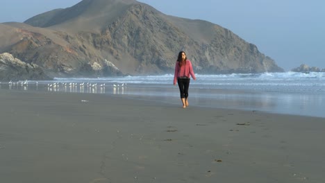 happy beutiful girl walking towards the camera on the beach, at fall