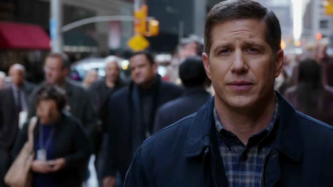 바쁜 도시 거리에 있는 남자