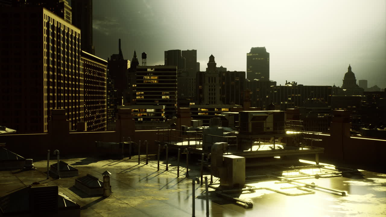 Urban rooftops shine under mysterious evening glow in a bustling cityscape