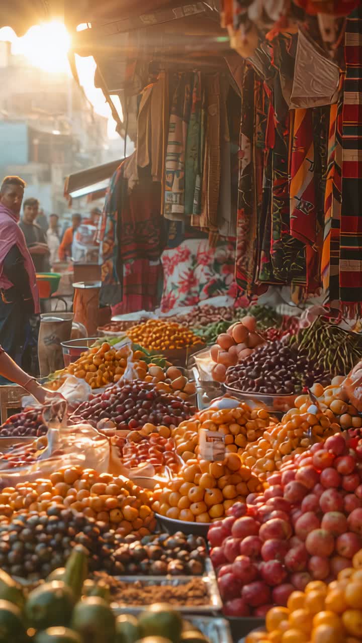 Vertical video: Reaching shopper scooping fruit into plastic bag to buy at market, vendor in pink