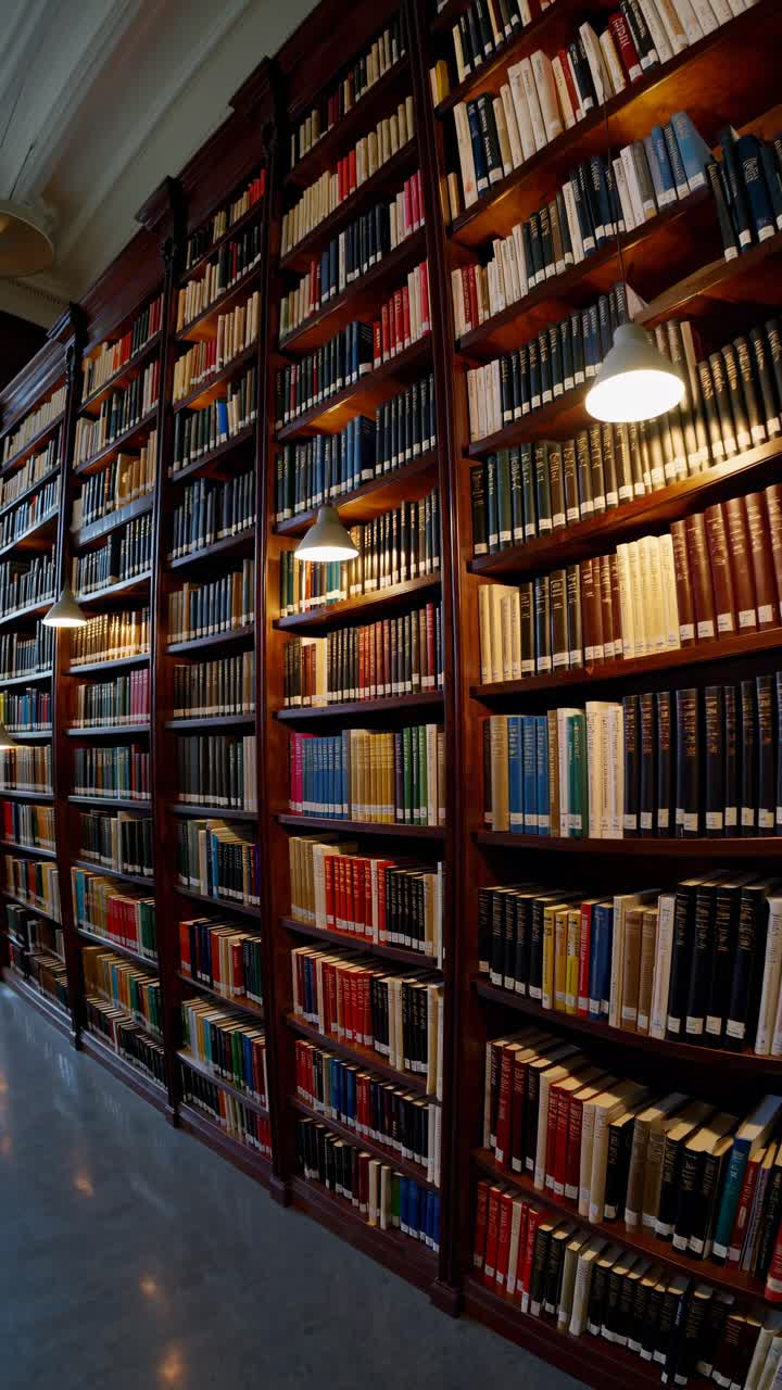 The video captures a serene library with towering bookshelves and long tables, emphasizing symmetry