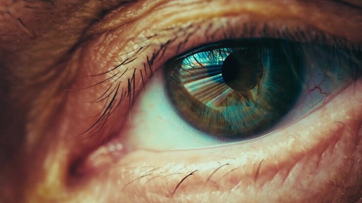 Macro close up of an older person's eye staring intently and slightly moving as if watching a screen or monitor. Slow motion concept of focus, aging, or concentration. 4k high quality footage.