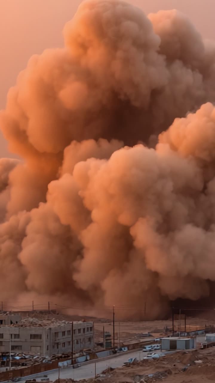 Drammatica Tempesta di Polvere: Vaste Nuvole di Sabbia e Detriti si Innalzano su un Paesaggio Suburbano al Tramonto, Trasformando l'Ambiente in una Scena dai Toni Brunastri