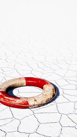 a red and white life preserver lies on the cracked, dry surface of a desert.