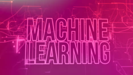 Machine learning text glowing and pulsing in neon pink against magenta circuit scene in flat design