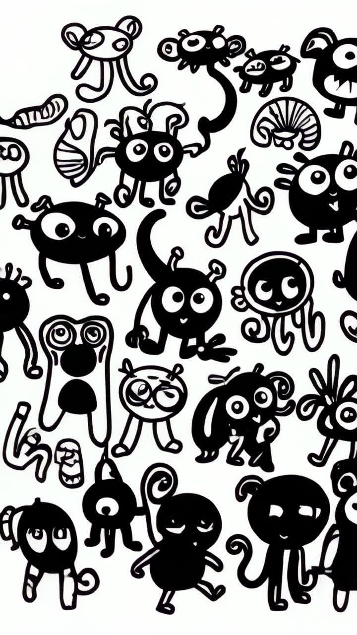 Whimsical Black and White Cartoon Monsters and Creatures Pattern