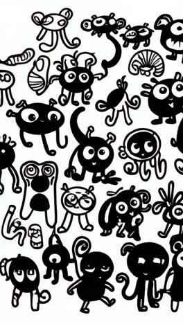 whimsical black and white cartoon monsters and creatures pattern