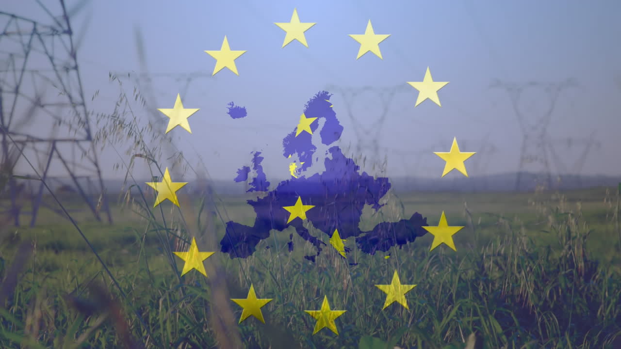 animación de estrellas giratorias de la bandera de la unión europea y el mapa de europa sobre pilones de electricidad