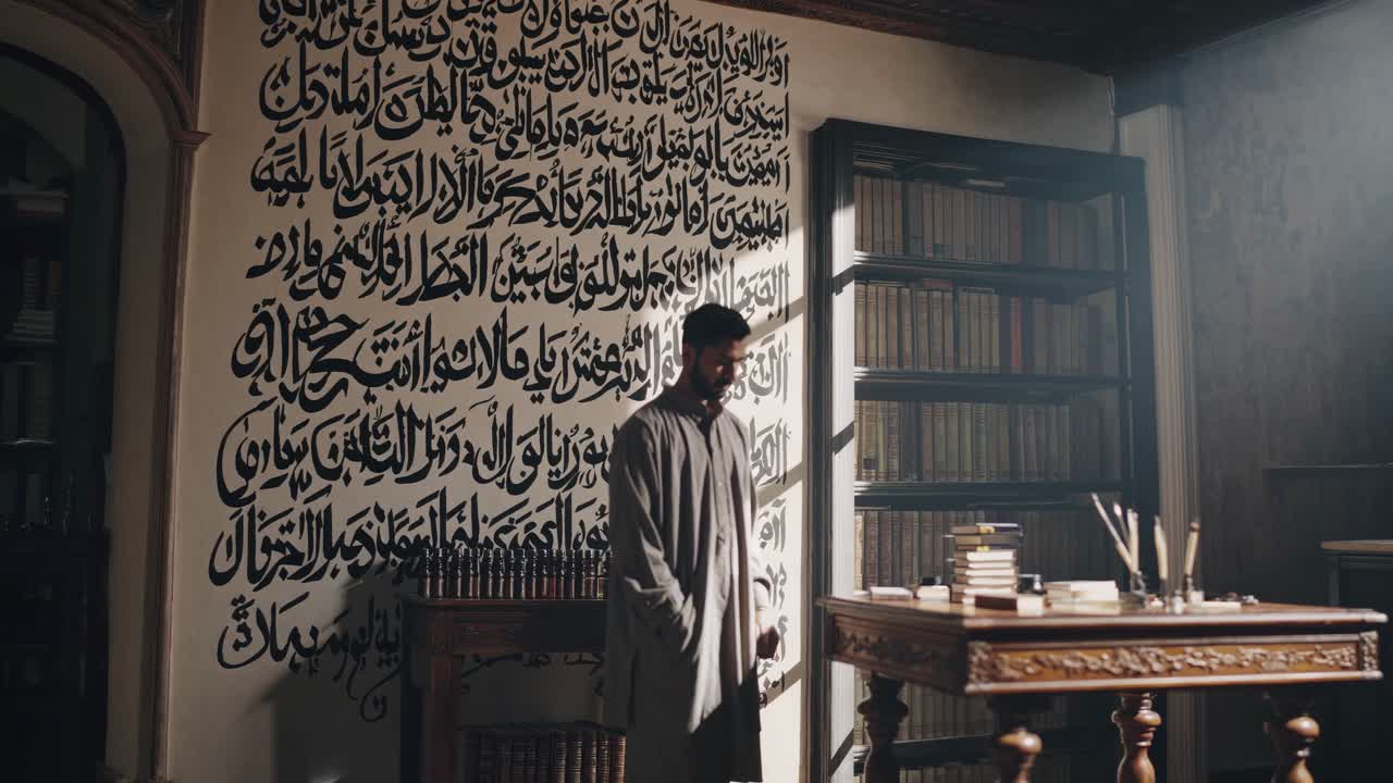 Man in a traditional robe in a library with Arabic calligraphy