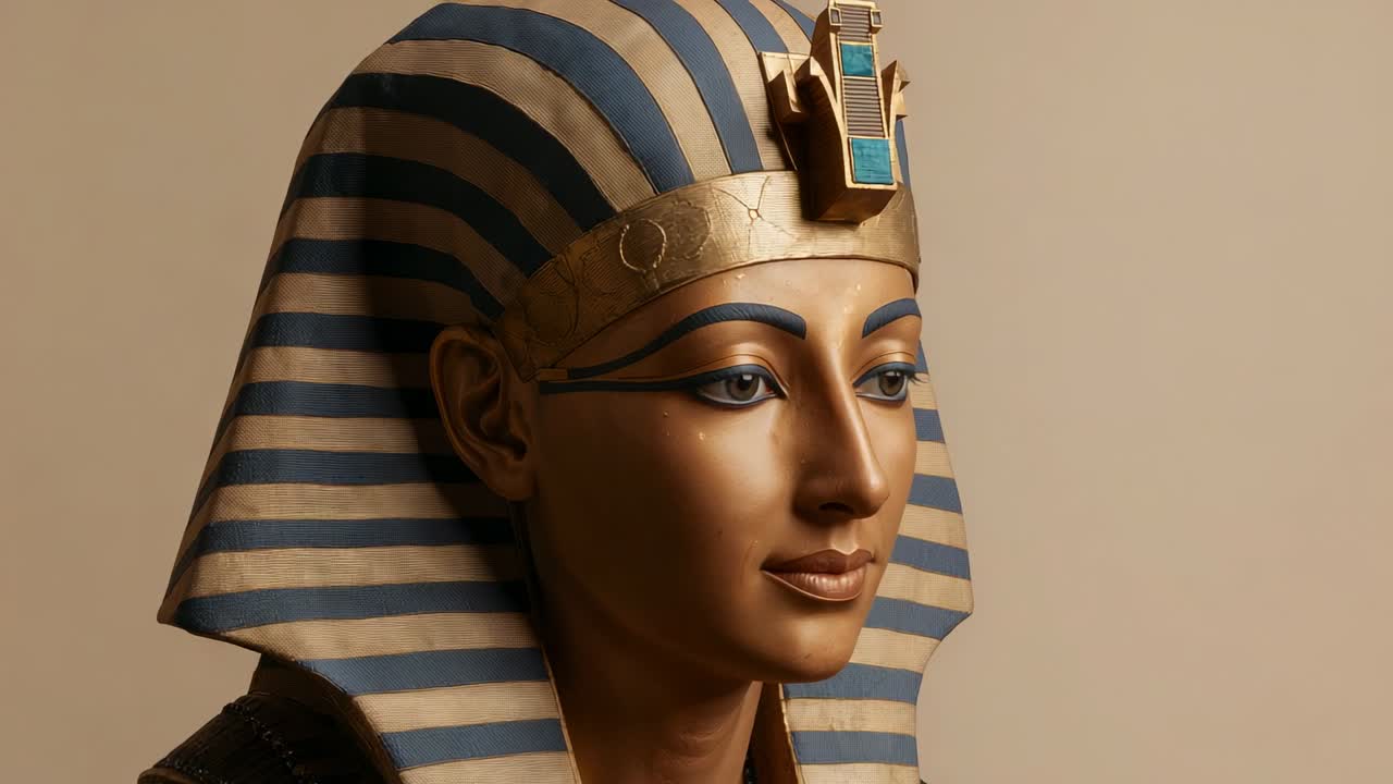 Opening camera rotating around Egyptian pharaoh bust in studio, highlighting uraeus cobra ornament