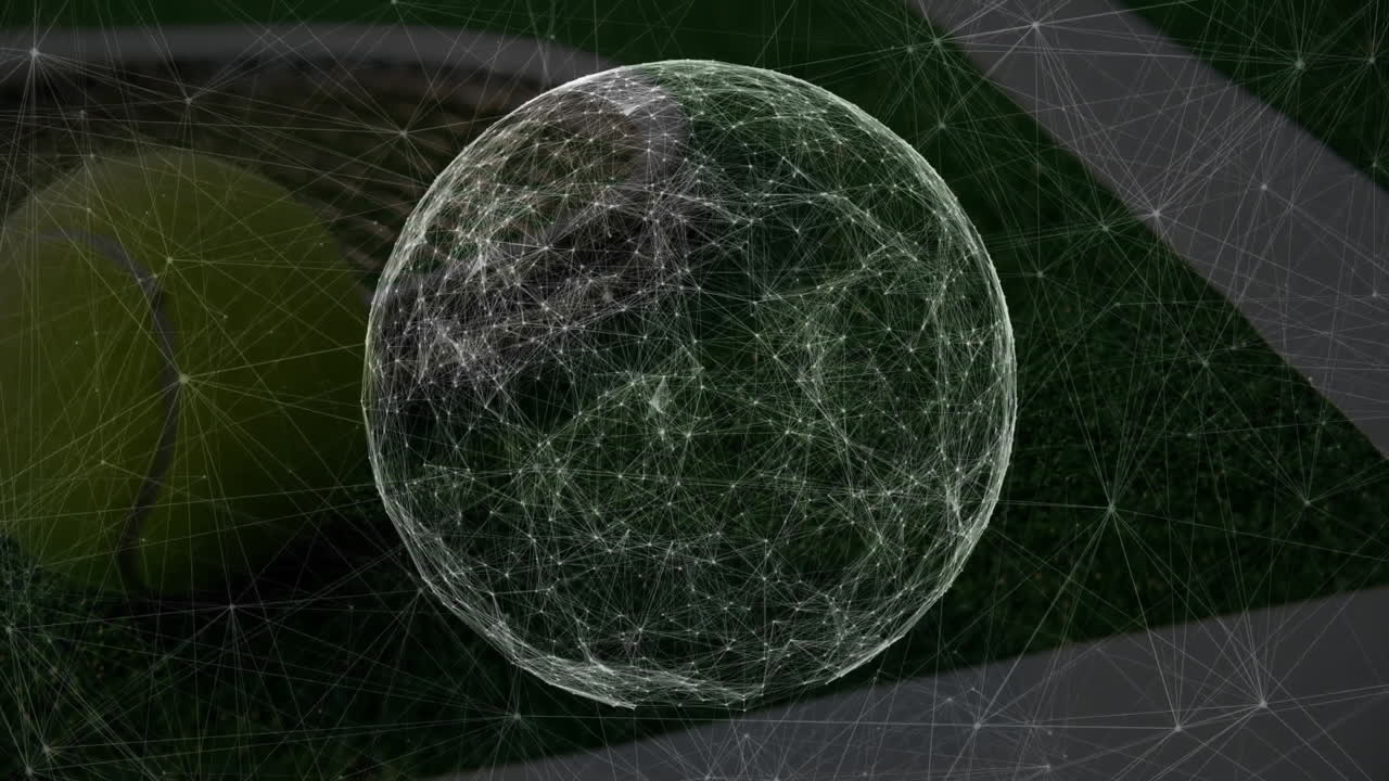Wireframe network sphere floating above lawn and paving stones, extending linked nodes and lines