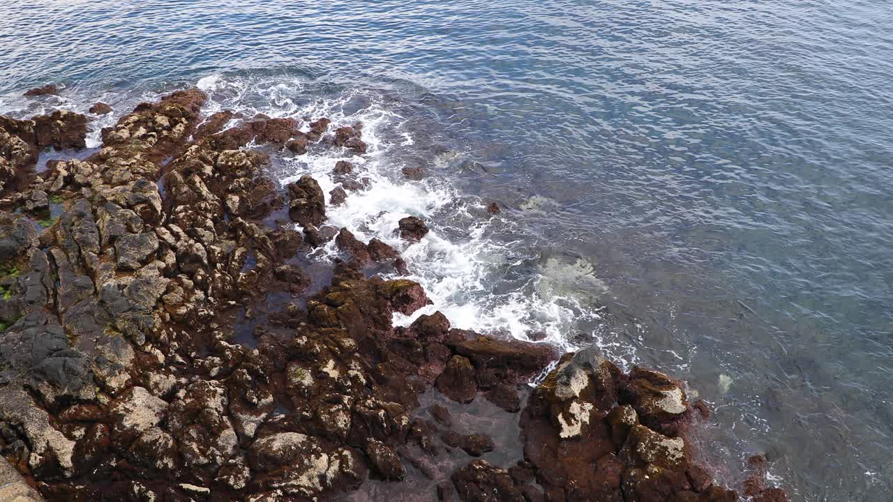 olas rompiendo en la costa rocosa de la bahía de angra do heroísmo en la isla de terceira, portugal