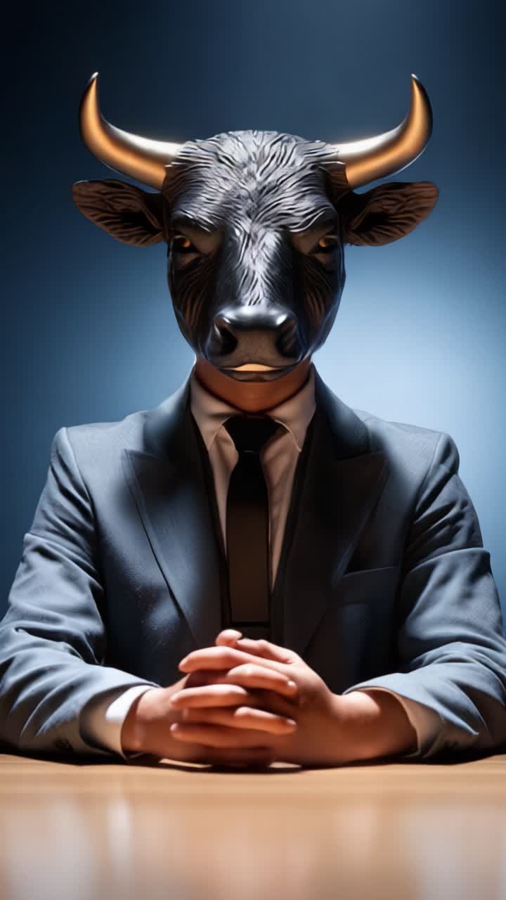 Eine mysteriöse Gestalt im Anzug mit Stiermaske sitzt an einem Tisch unter dramatischer Beleuchtung und strahlt auf unkonventionelle Weise Macht und Autorität aus.