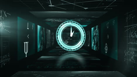 animation of clock moving fast over computer servers