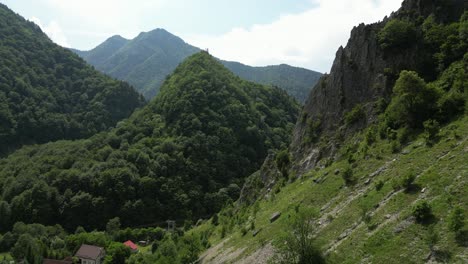 Aerial-drone-forward-moving-shot-over-green-forest-mountain-in-Lepsa,-Romania-on-a-cloudy-day