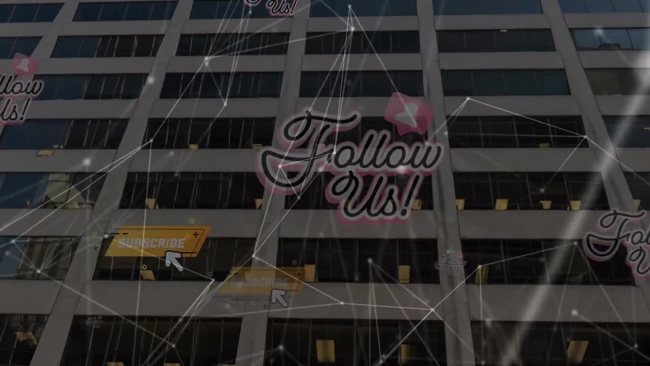 Animation of moving shapes and writings over office building