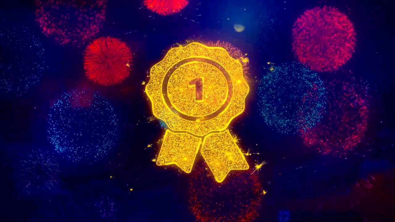 símbolo del icono del premio de la cinta en partículas de fuegos artificiales de colores.