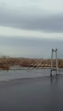 cable-stayed bridge over a frozen river on a cloudy day