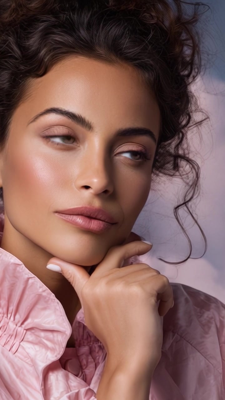 Bellezza contemplativa: Un primo piano di una modella che mostra un trucco leggero con tratti naturali, emanando eleganza e compostezza su uno sfondo sognante.