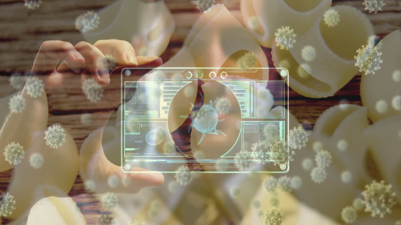 바이러스 세포의 애니메이션과 데이터 처리가 누들 위에