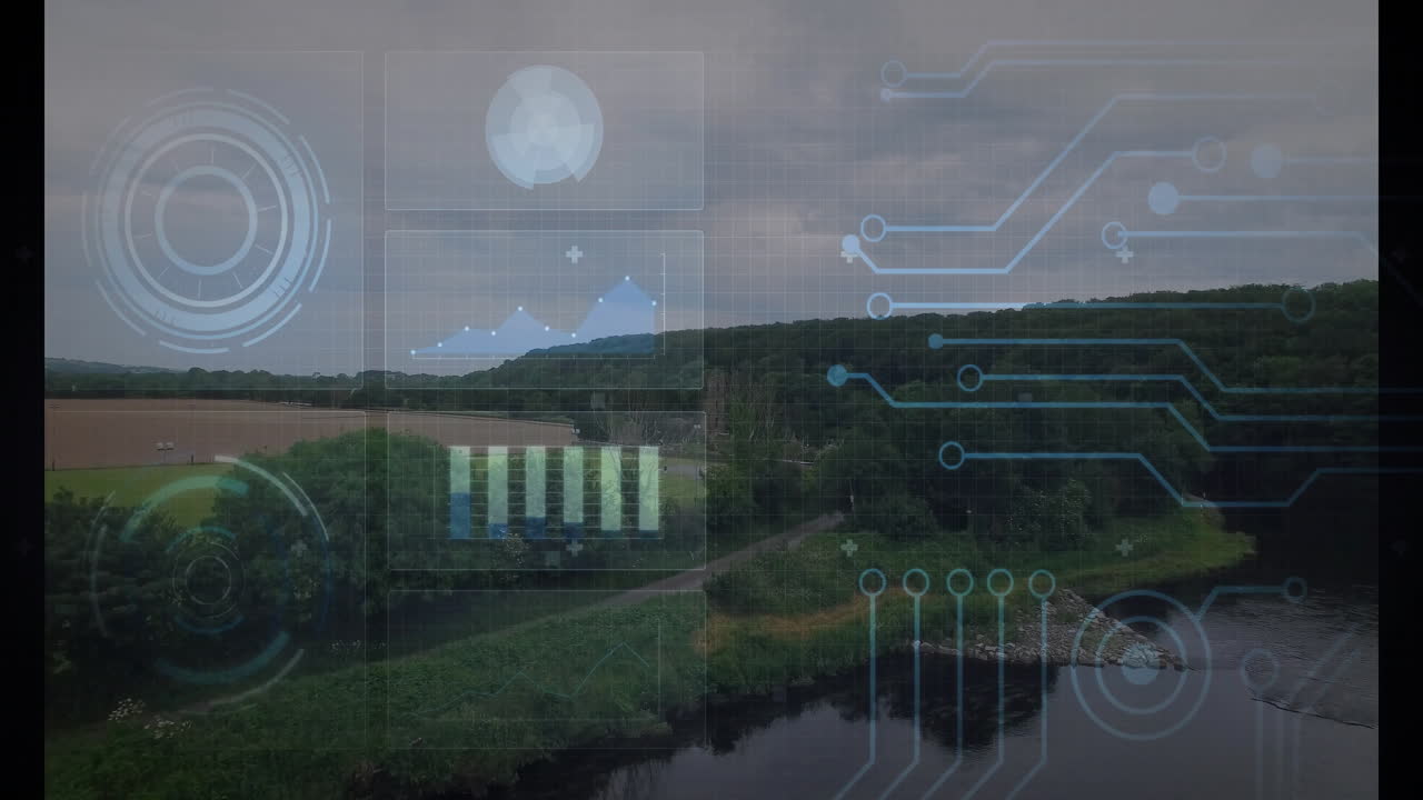 flat design digital dashboard floating over rural riverbank landscape showing charts and wires