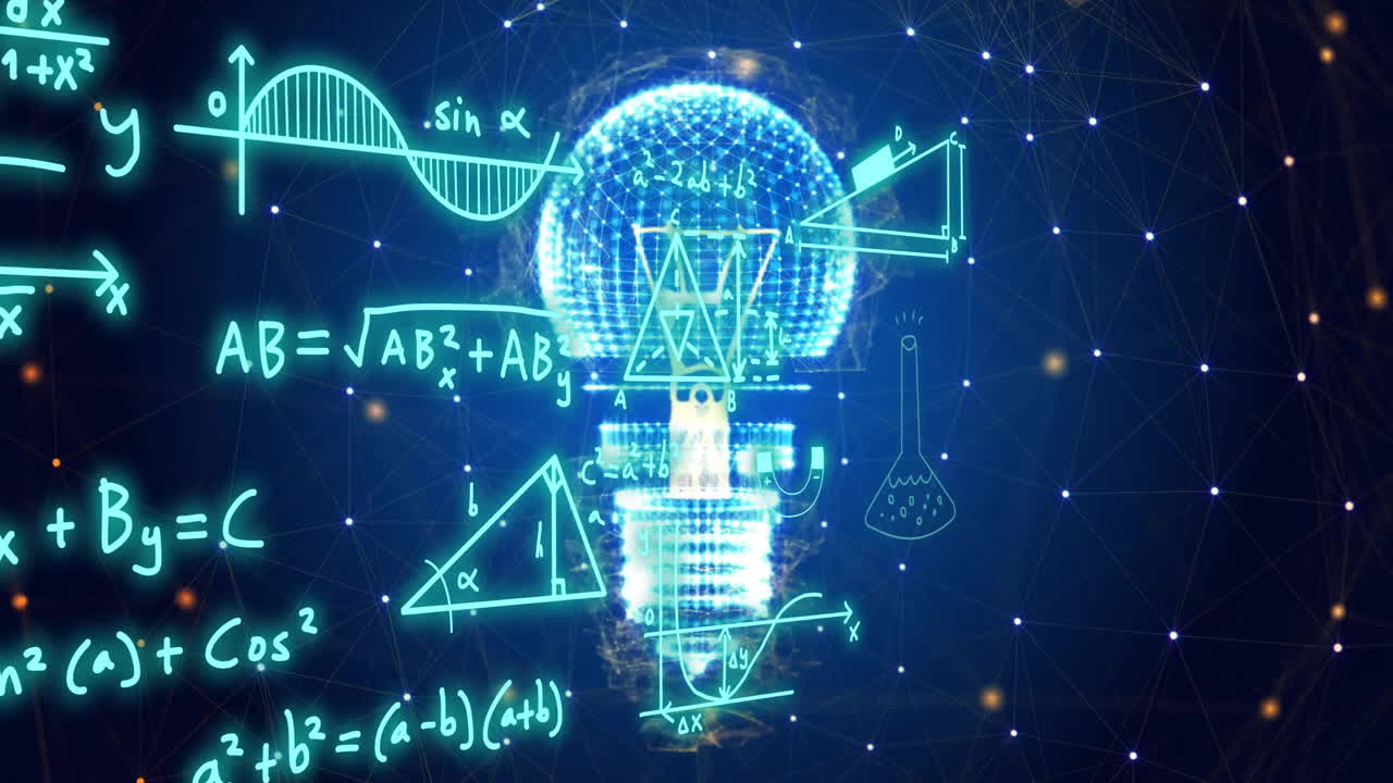 Animation of mathematical equations and icons over light bulb and networks