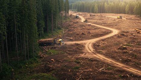 aerial view of deforested landscape with logging trucks and machinery: showing the impact of logging activities on forest ecosystems