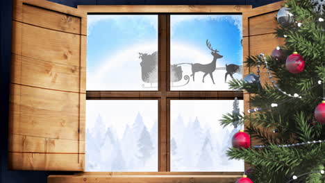 Animated Christmas scene with Santa, reindeer, and festive tree by a window.