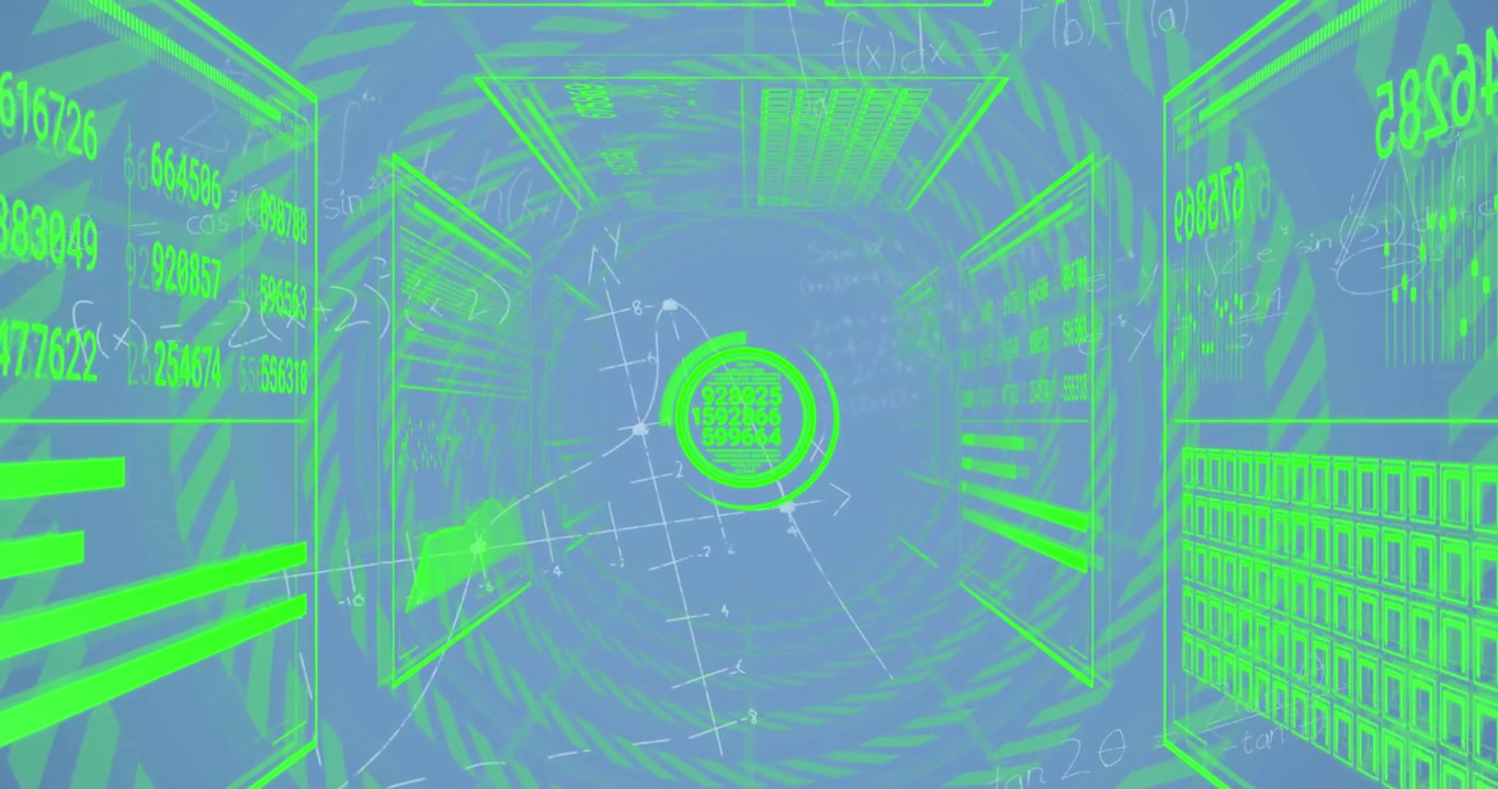 Animation of data processing and math formulas on blue background
