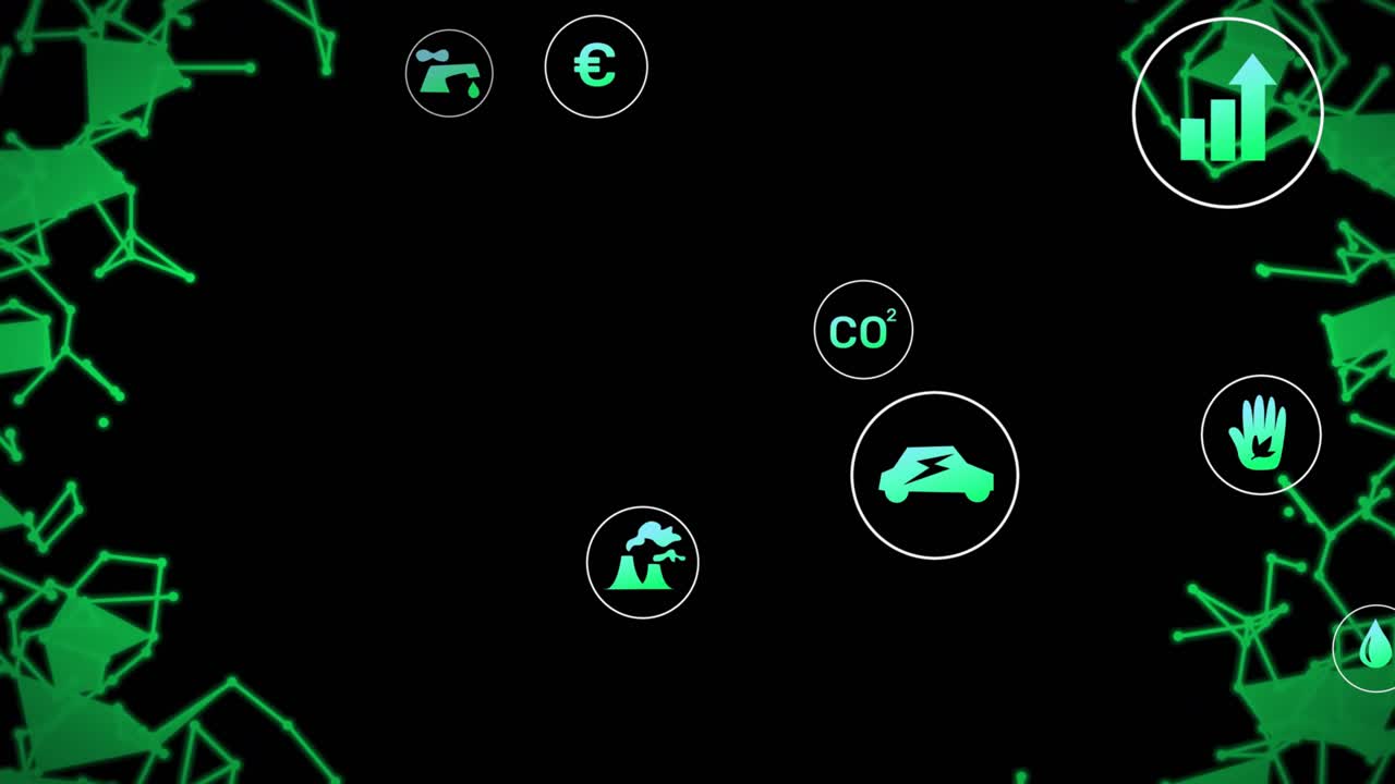 Flickering neon lines initiating eco icons emerging, shifting within network, showing economic data