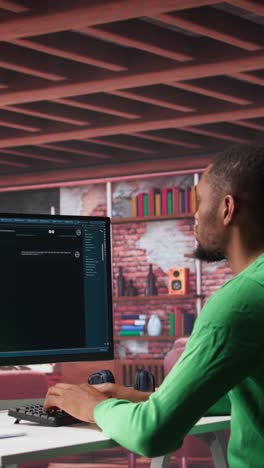 vertical video african american guy at home asks questions to ai chatbot virtual assistant