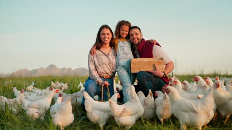 Chicken-farming,-eggs-and-family-on-field
