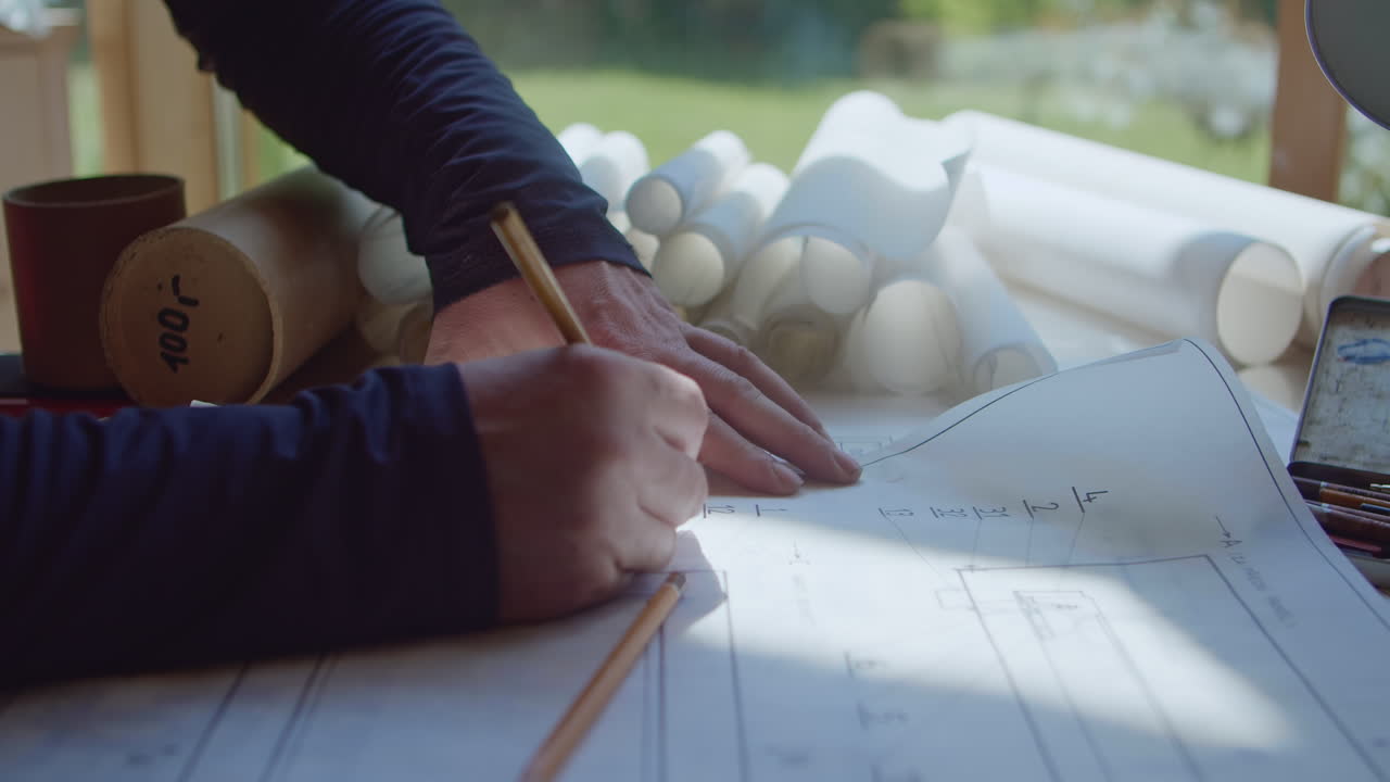 건축가-디자이너의 손은 건설 도면 위에 놓여 있고 연필로 메모를 씁니다.