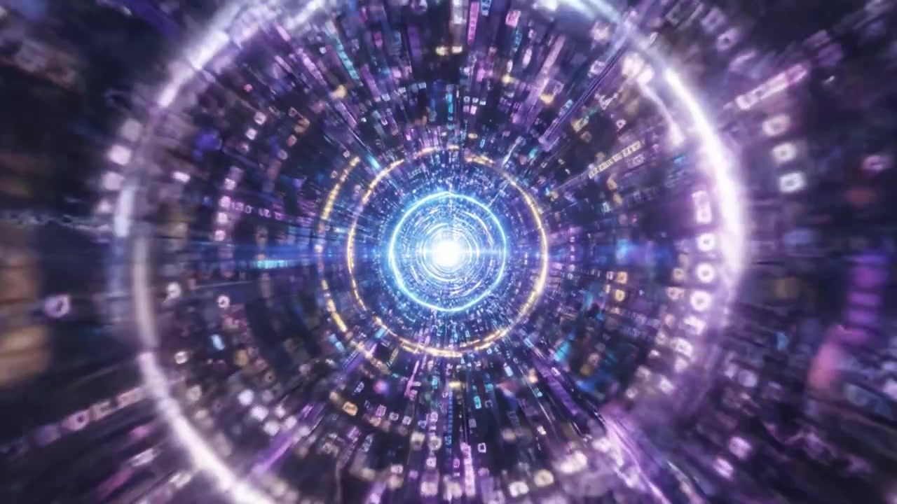Un viaggio abbagliante attraverso un vortice digitale: sperimenta l'ipnotica spirale di luce e dati mentre si trasforma in un universo virtuale di infinite possibilità.