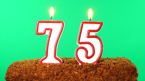 cake with the number 75 lighted candle. chroma key. green screen. isolated