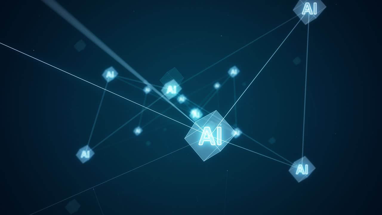 Motion graphic of Blue digital AI icon and futuristic cube with network connection Meta verse abstract background concept camera zoom out seamless loop video