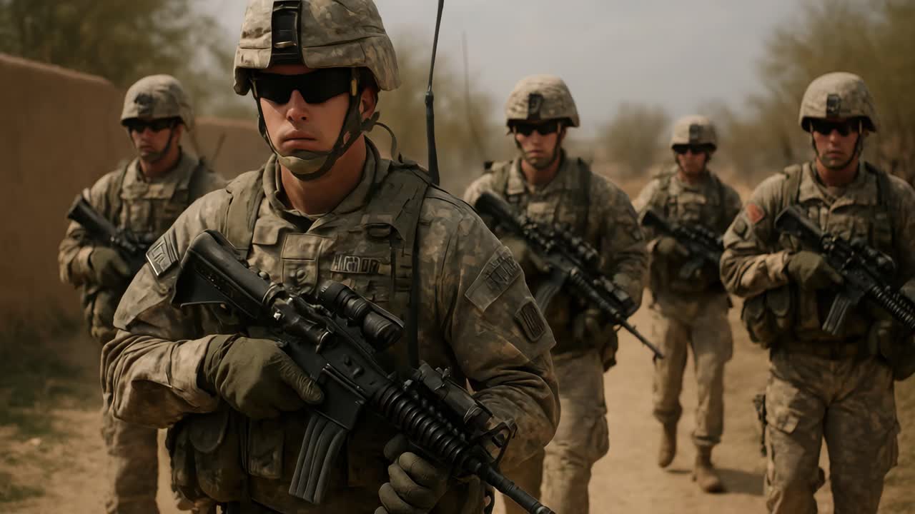 Dynamic low-angle shot of soldiers in tactical gear, advancing in formation