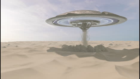 una nave espacial alienígena explotando en el desierto.