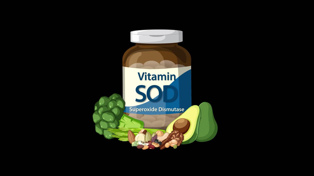 Supplement bottle appears as nutritious foods animate in, highlighting superoxide dismutase vitamin benefits