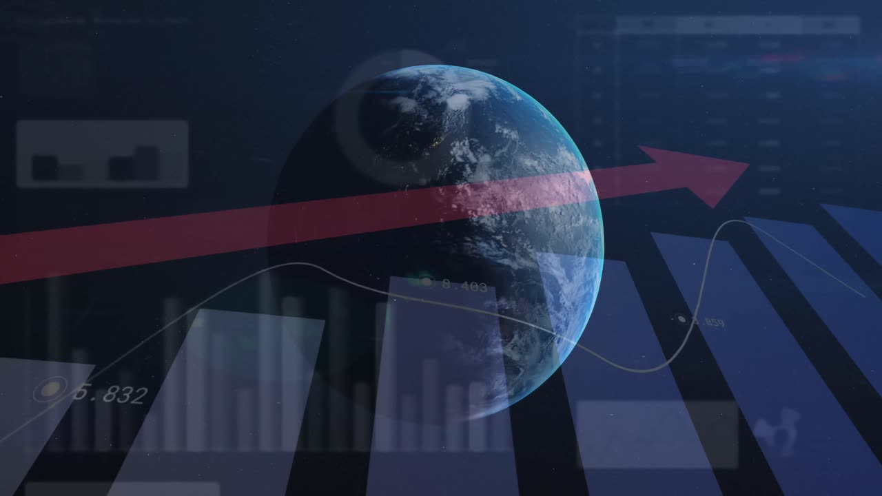파란색 배경에 대한 전 세계 통계 데이터 처리의 애니메이션