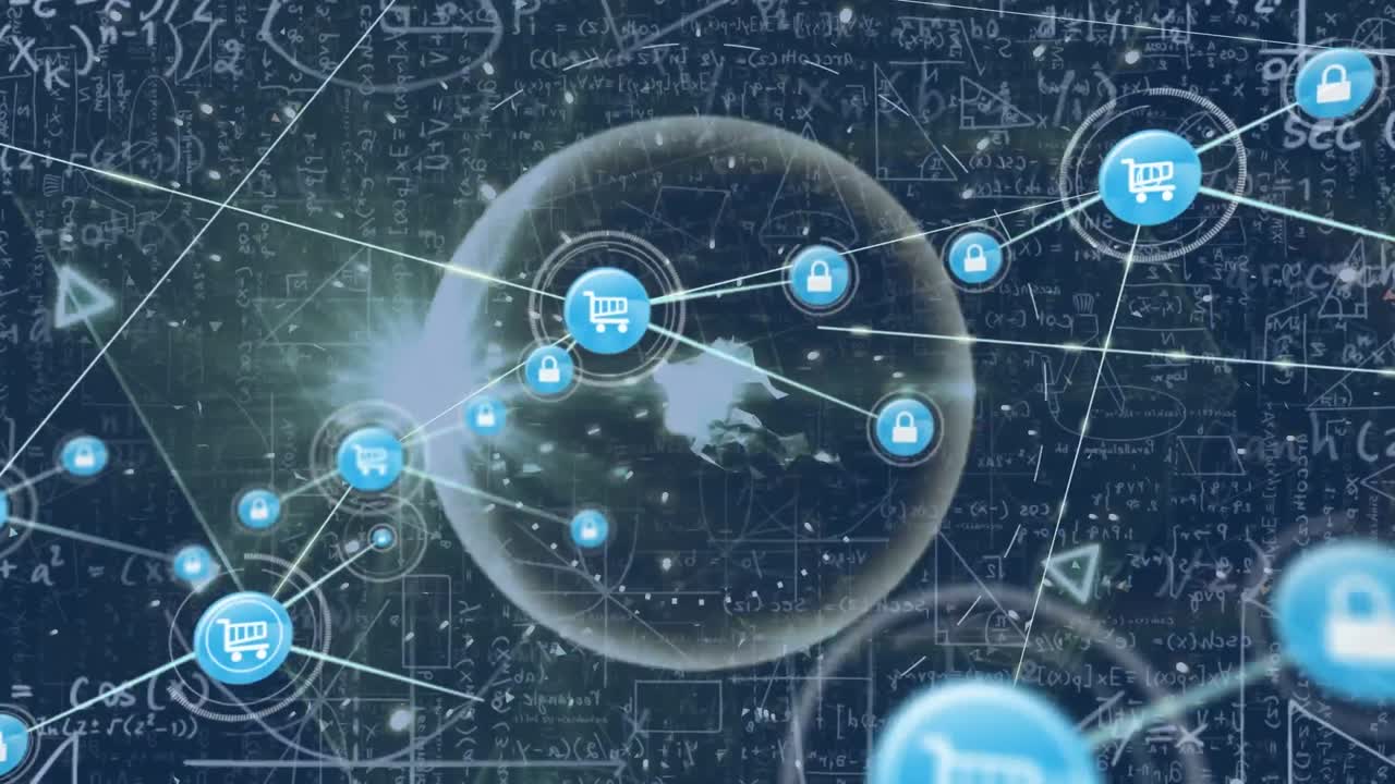 검은 바탕 위의 연결 네트워크와 수학 방정식의 애니메이션