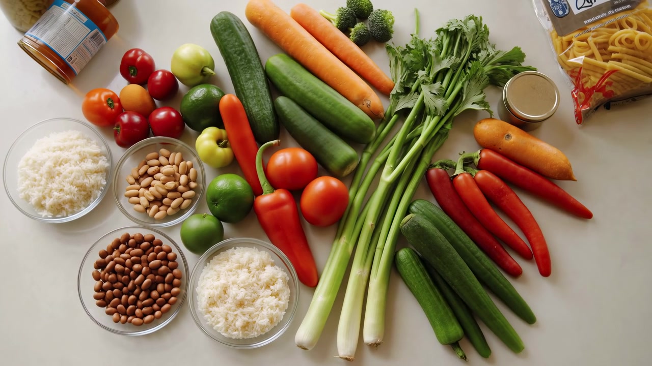 Vegetais frescos arranjados com itens básicos de despensa, cenouras, aipo, pepinos, tomates e alhos-porós alinhados