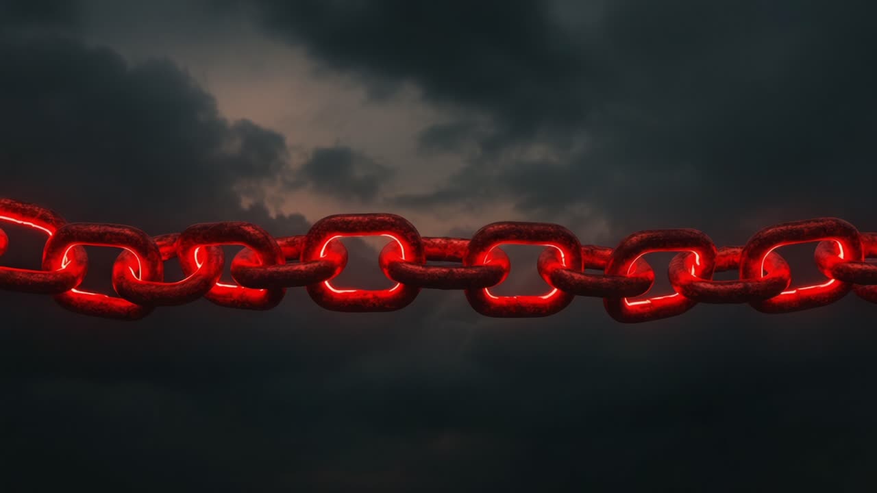 A Powerful Visual Representation of a Glowing Red Chain Against a Dark, Dramatic Sky, Highlighting Themes of Strength, Connection, and Resilience in a Haunting Atmosphere