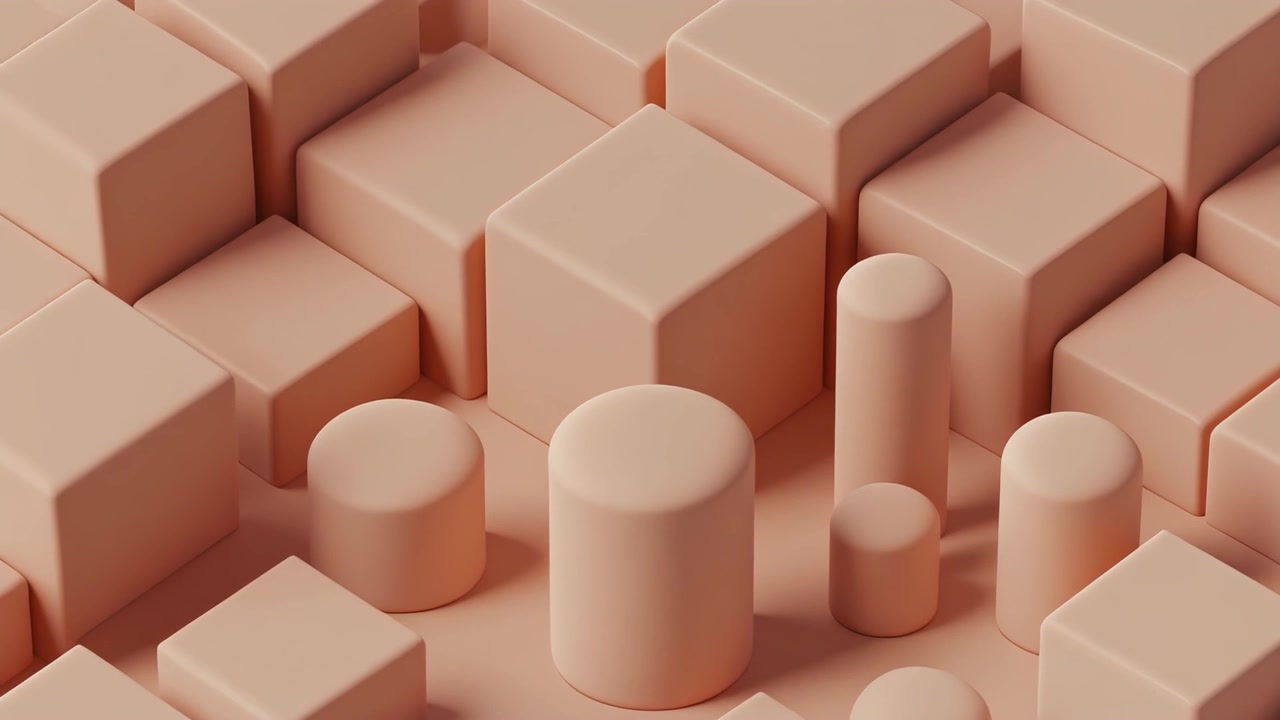 Abstrakcyjna animacja 3D wznoszących się brzoskwiniowych kształtów geometrycznych.