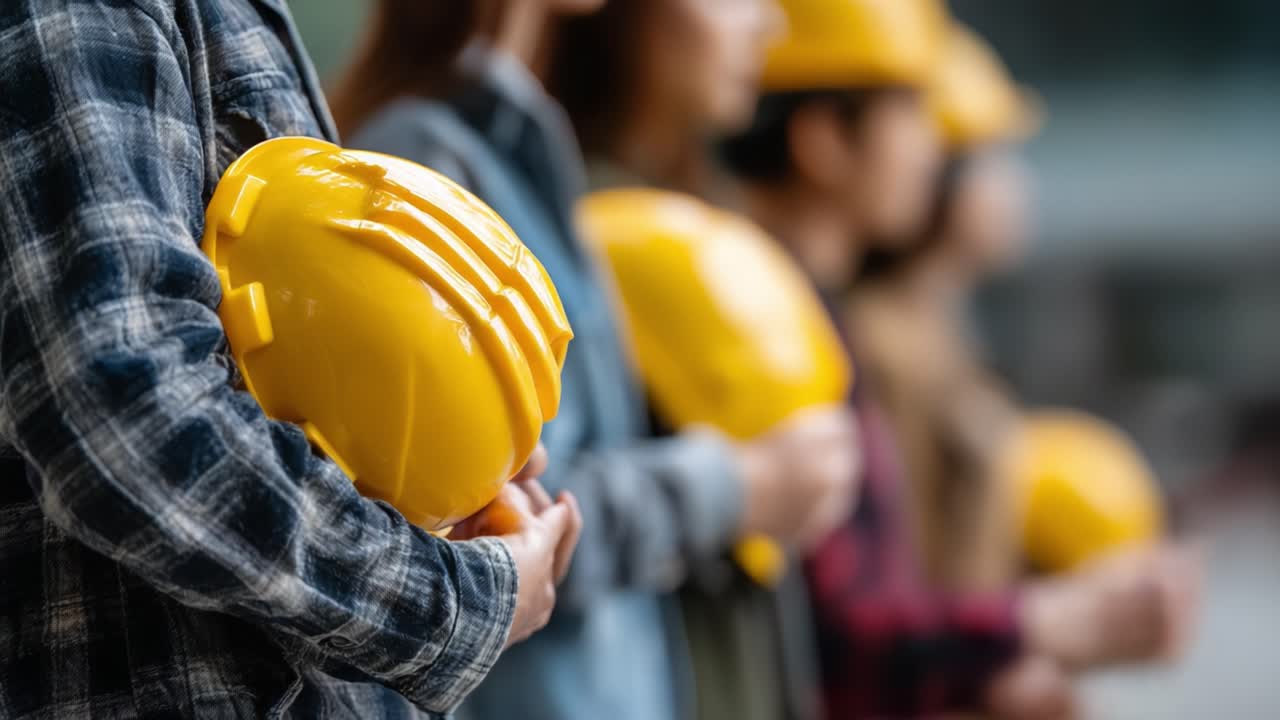 A Group of Construction Workers Holding Yellow Safety Helmets in a Line, Emphasizing Teamwork and Safety Culture in Construction Environments