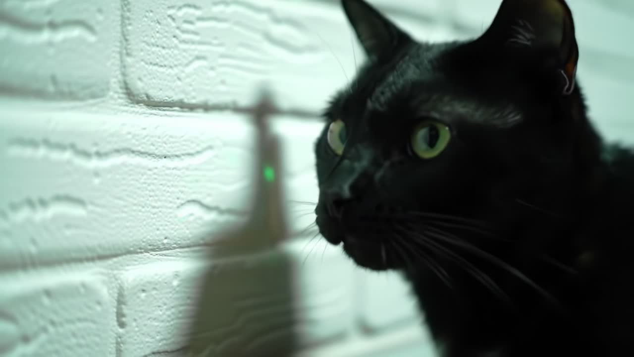 A Captivating Close-Up of a Black Cat with Striking Green Eyes, Perfectly Set Against a Textured White Brick Wall, Showcasing Its Curious and Alert Nature