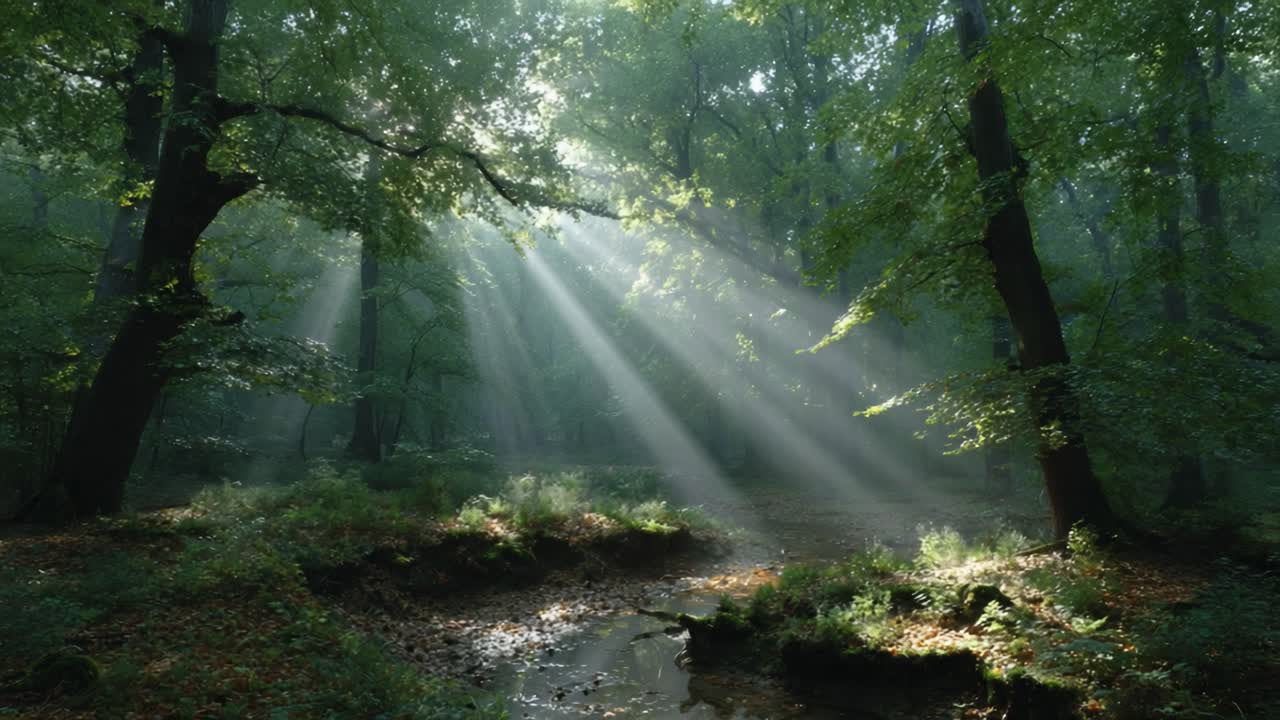 A Serene Forest Scene Illuminated by Rays of Sunlight Streaming Through the Trees, Creating a Magical Atmosphere in Nature's Embrace