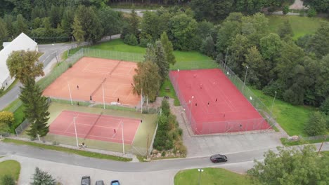 overhead shot of outdoor recreation center in use, future city planning development: drone