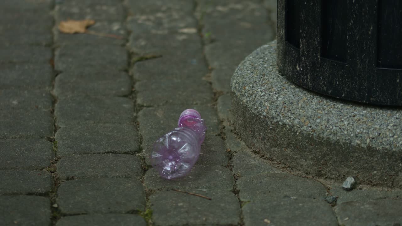 Una donna raccoglie l'immondizia dalla strada e la getta nel bidone