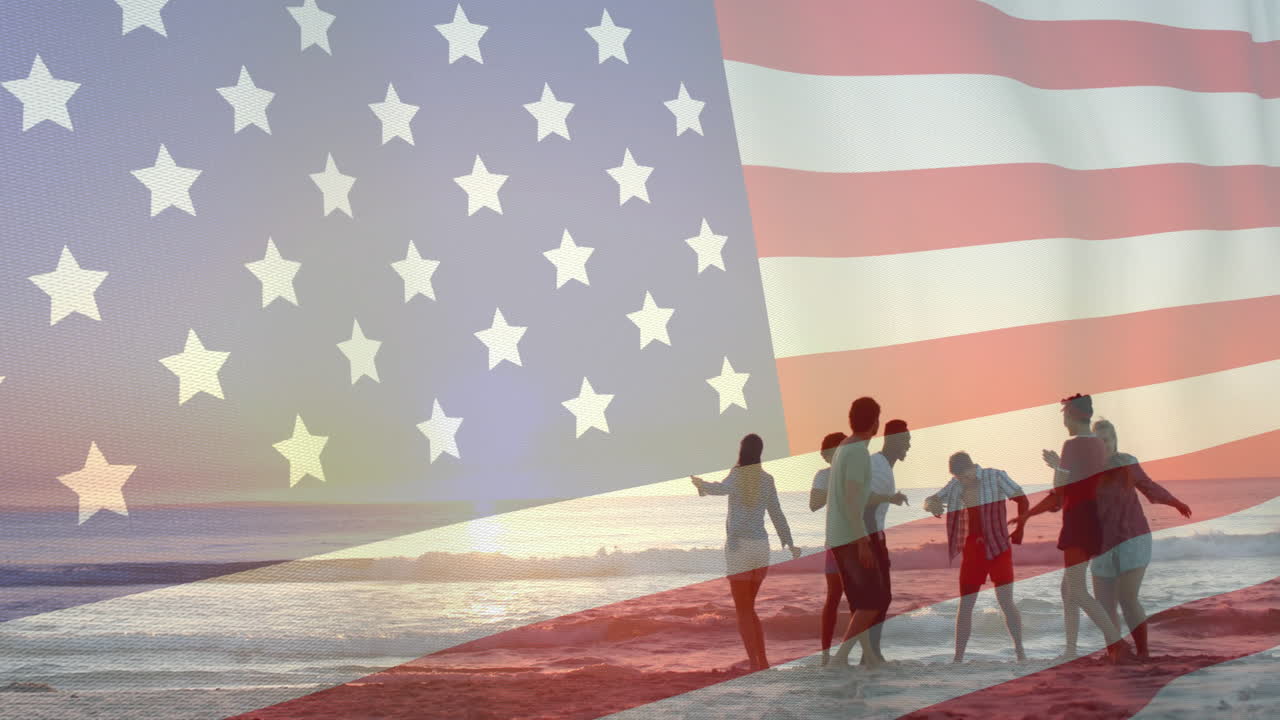 Animation of flag of usa over diverse friends walking on beach